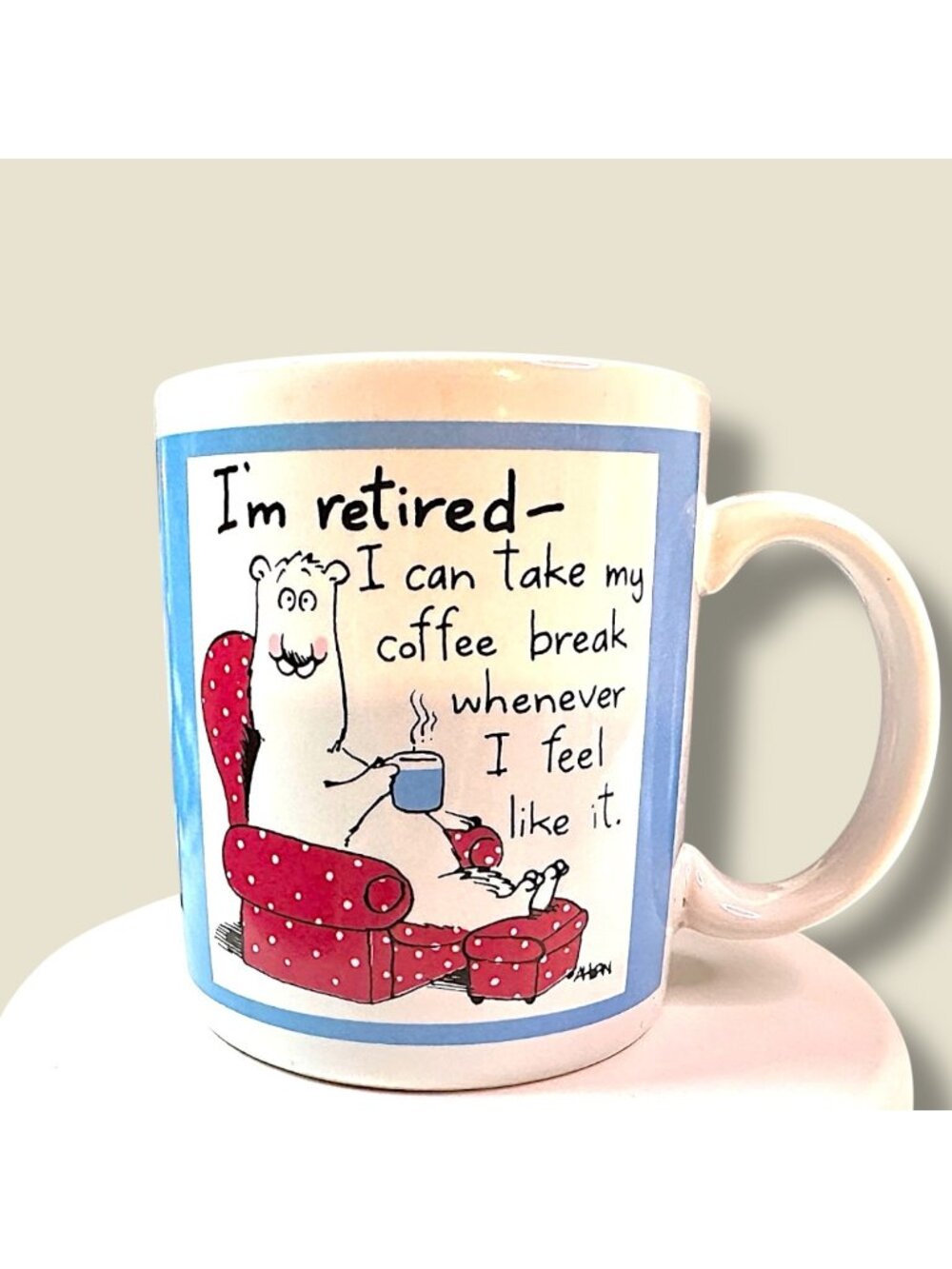 Hallmark Shoebox Greetings Retired Coffee Break Ceramic Mug 13.4 Oz Blue/White H